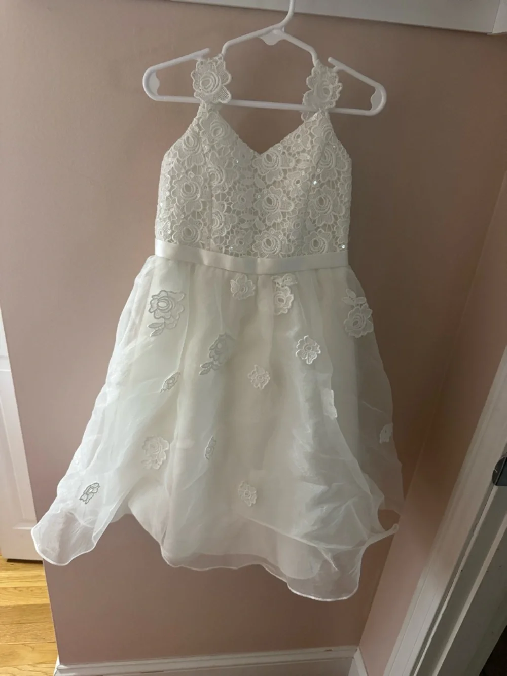David's Bridal Ivory Floral Lace Tea Length Flower Girl Dress- Size 5 - Picture 1 of 13